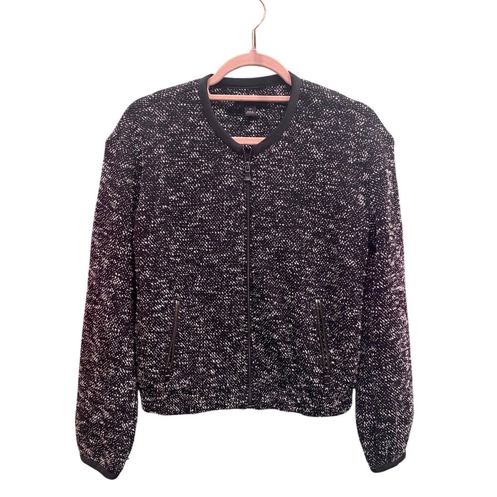 quiet luxury XS Black White Tweed Knit Full Zip Bomber Jacket Pocketed Coat